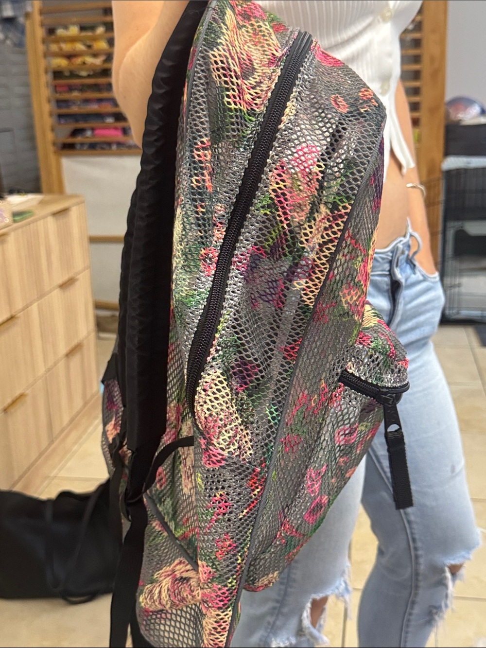 JanSport Gray Mesh Floral Backpack with Pink & Green Accents - Picture 4 of 9